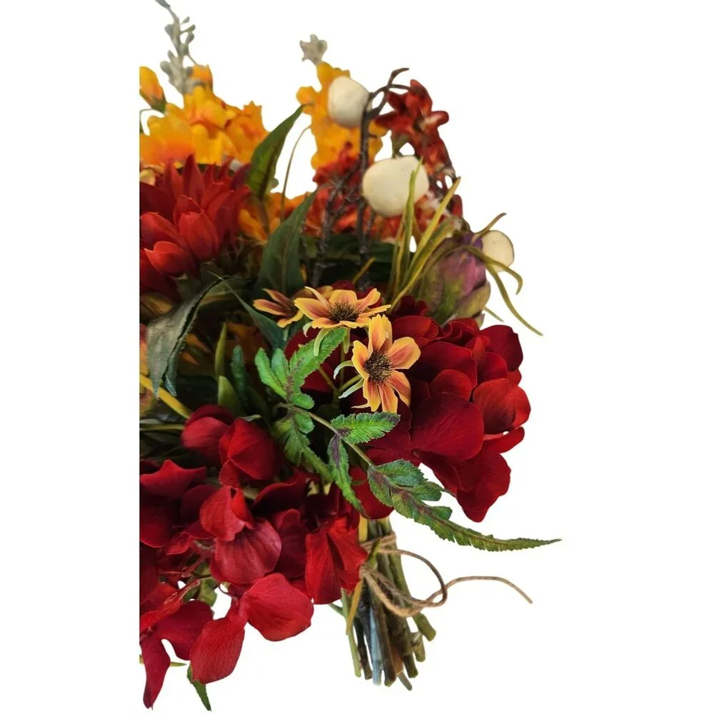 Artificial Floral Arrangement Bouquet - Fall Colors Red Yellow & Textured Accent
